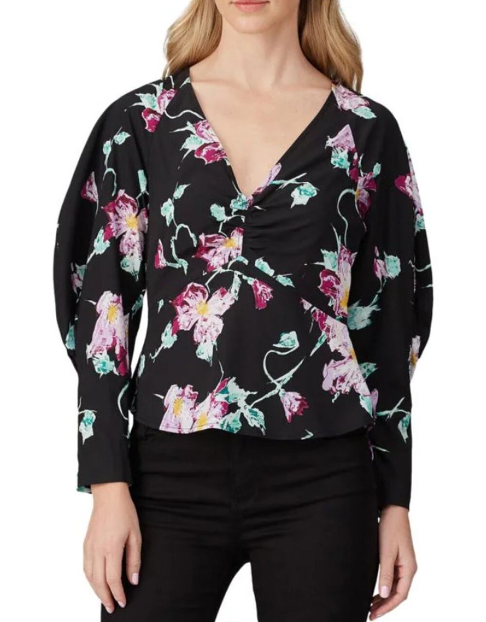 A.L.C. Black Purple Floral Long Sleeve Blouse Silk Glam Women's size 8 Medium
